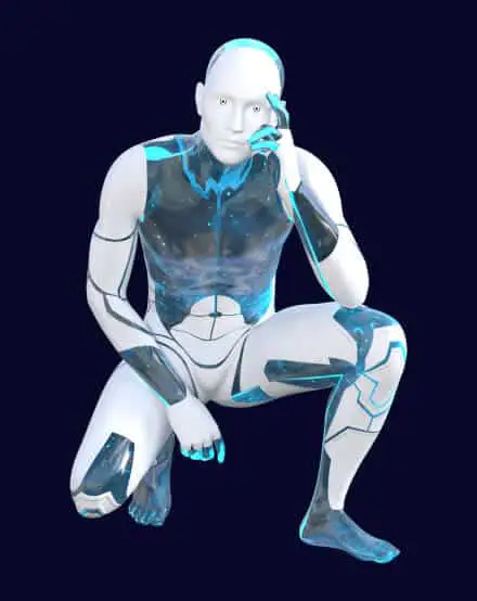 An Image of an AI-Generated Robot Man Kneeling on One Knee in a Thinking Pose, Which Represents the Technology and Capability of AI Imagery