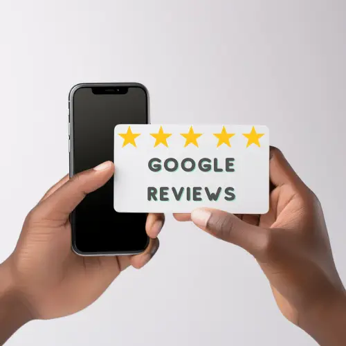 AI Image of a Person Holding a Mobile Phone and Holding at Tap Tech Card that Shows Five Stars and the Words "Google Reviews"