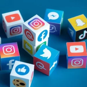 An Image of a Collection of Social Media Images on the Surfaces of Blocks